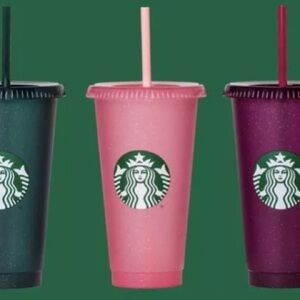 Starbucks Reusable 24oz Cold Tumbler cup, rose glitter pink.